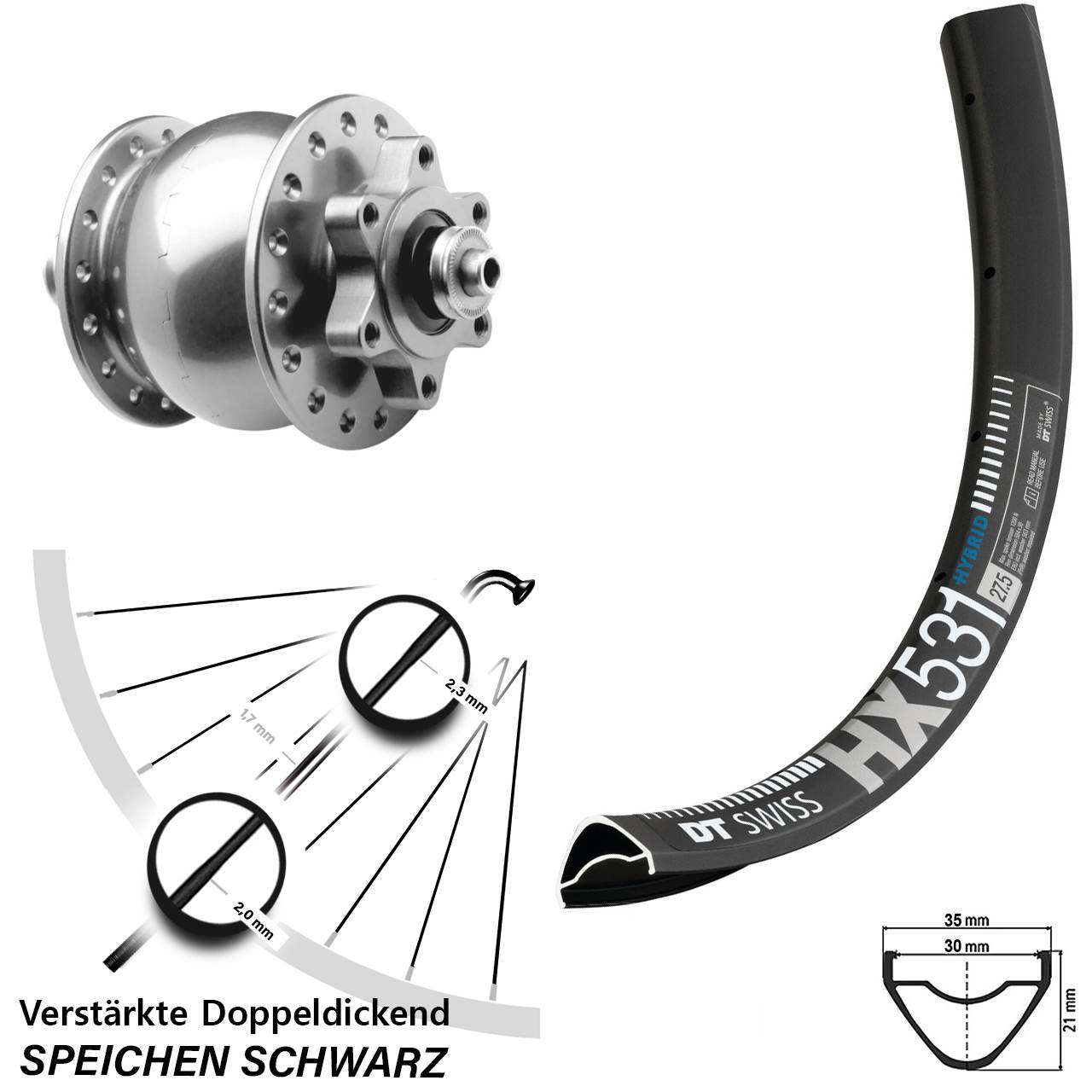 Nabendynamovorderrad 6-Loch 29 Zoll DT Swiss HX531 SON 28 silbern für Schnellspanner