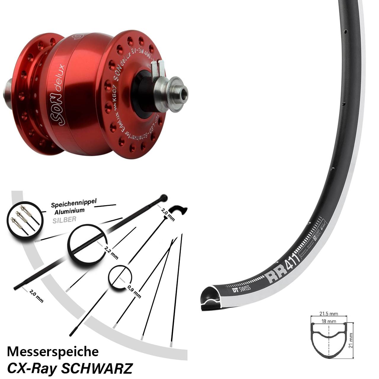 Nabendynamolaufrad QR 28 Zoll DT Swiss RR411 SON delux rot CX-Ray
