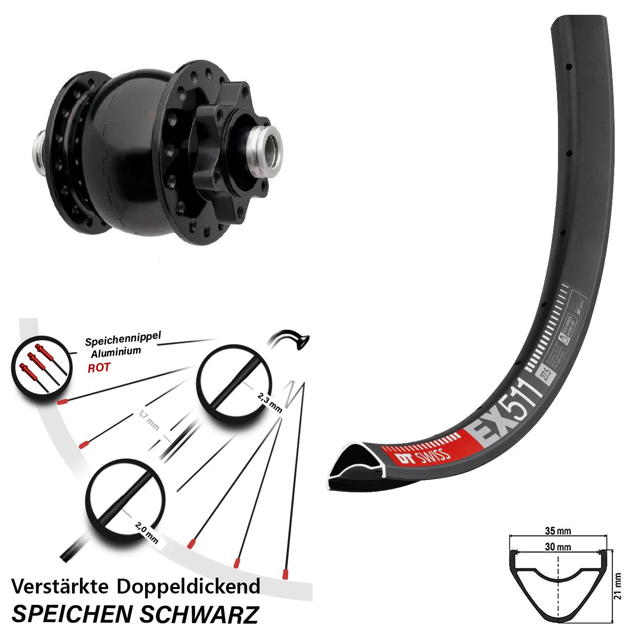 Disc Vorderrad mit Nabendynamo 27,5 Zoll DT Swiss EX 511 SON 28 12x100