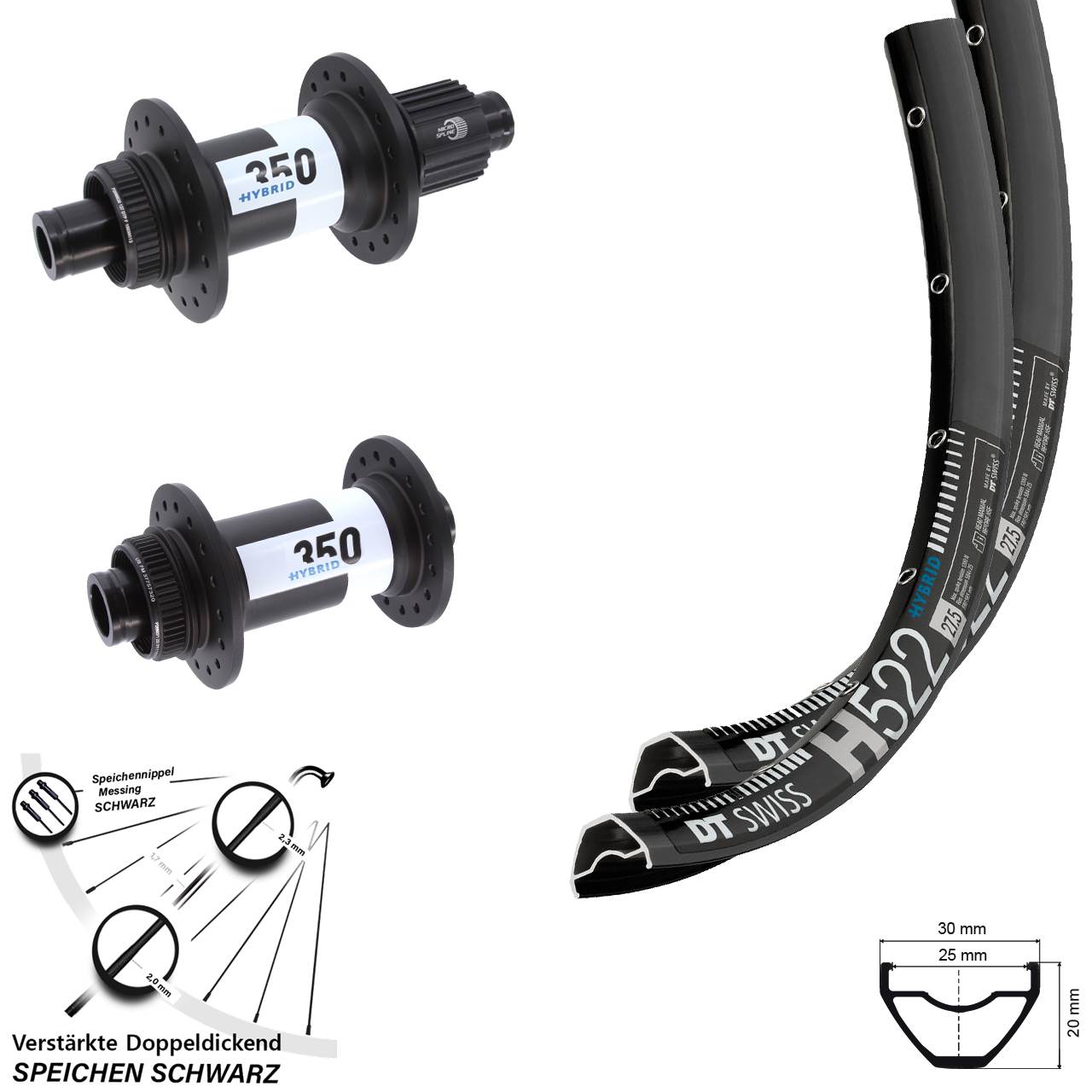 29 Zoll DT Swiss H 522-350 Hybrid Boost Disc Laufrad-Satz 15x110 12x148 Micro Spline