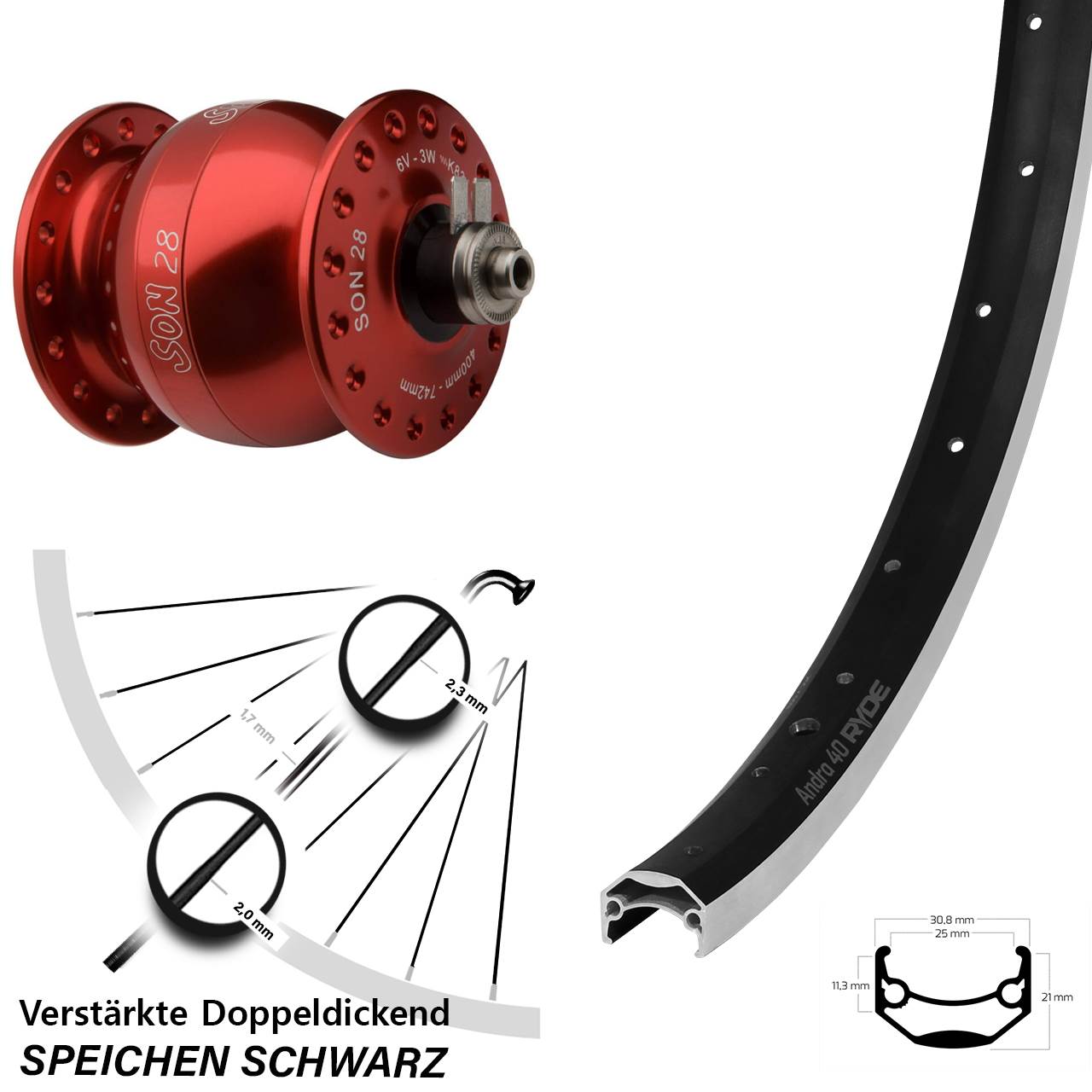 Vorderrad mit Nabendynamo 20 Zoll Ryde Andra 40 SON 28 rot für Schnellspanner