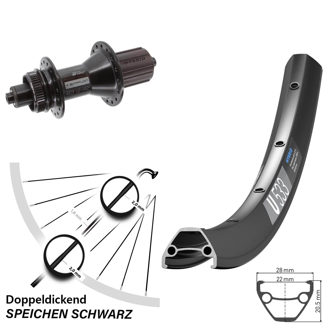 Disc Laufrad 28-29 Zoll DT Swiss U533-370 Hybrid 8-11 fach für Schnellspanner