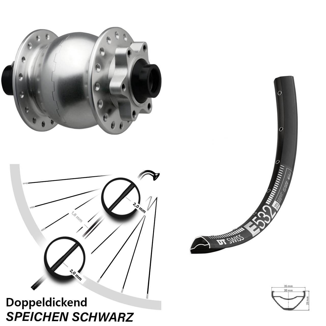 27,5 Zoll DT Swiss E 532 SON 28 silbern 6-Loch Nabendynamovorderrad 15x110 Boost