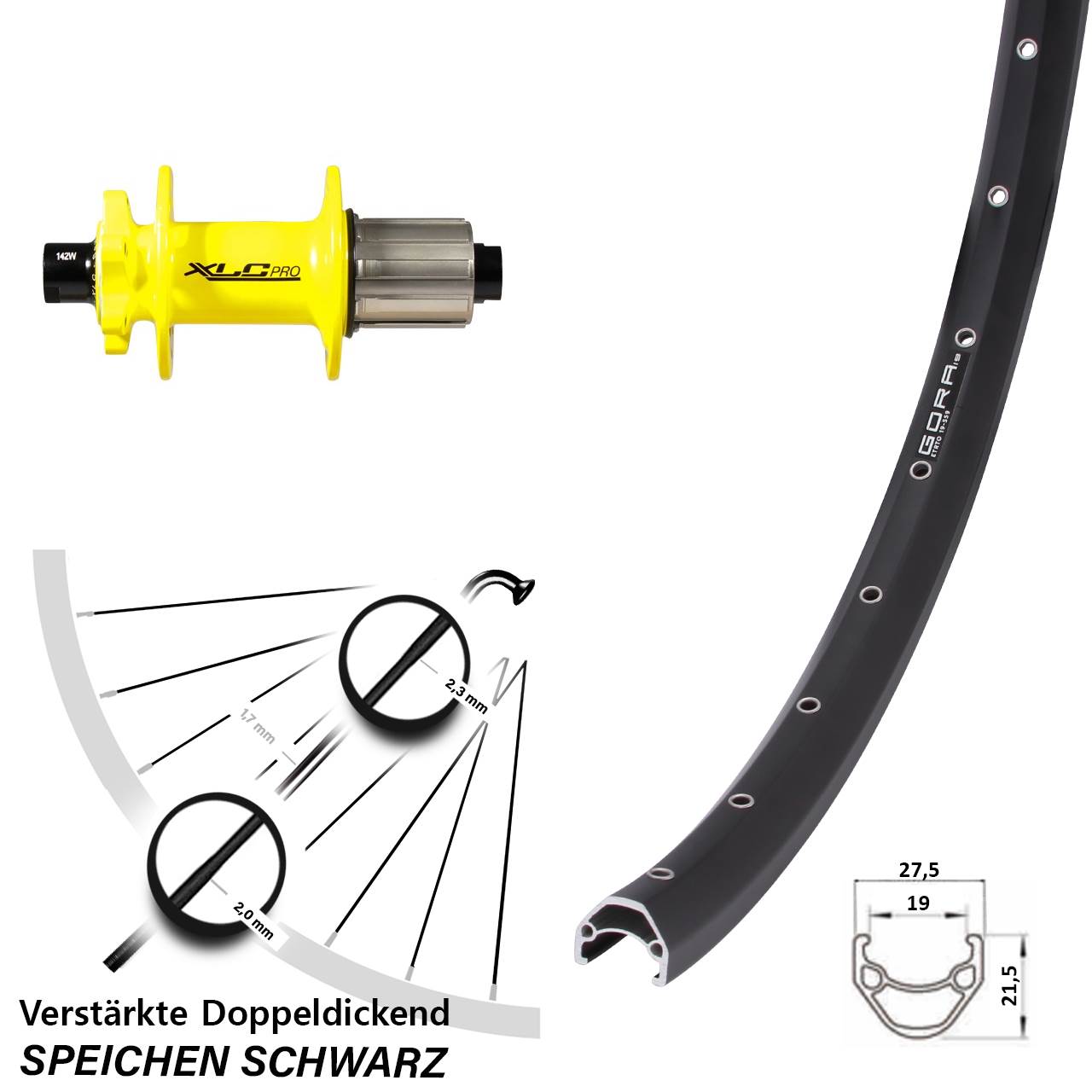 6-Loch Hinterrad 28 Zoll Gora 19 XLC Pro gelb 8-11 fach 12x142