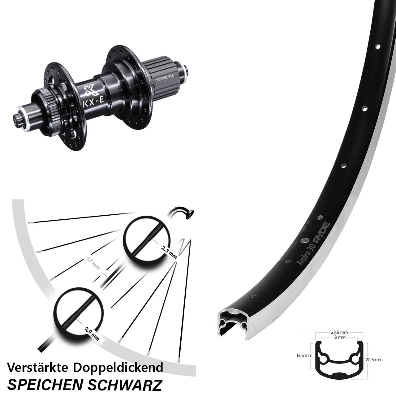 Hinterrad 28 Zoll verstärkt Ryde Andra 30 KX-E 5x135 mm Micro Spline 12-fach
