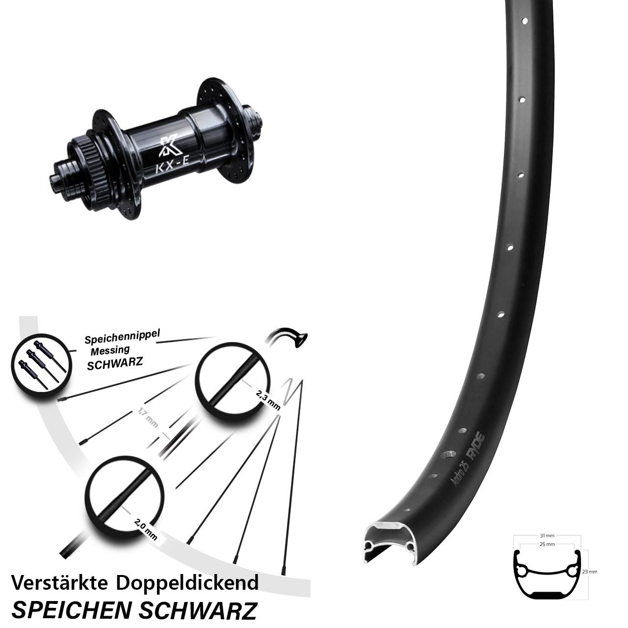 Ryde Andra 25 KX-E Heavy Duty 28 Zoll Vorderrad Centerlock für Schnellspanner