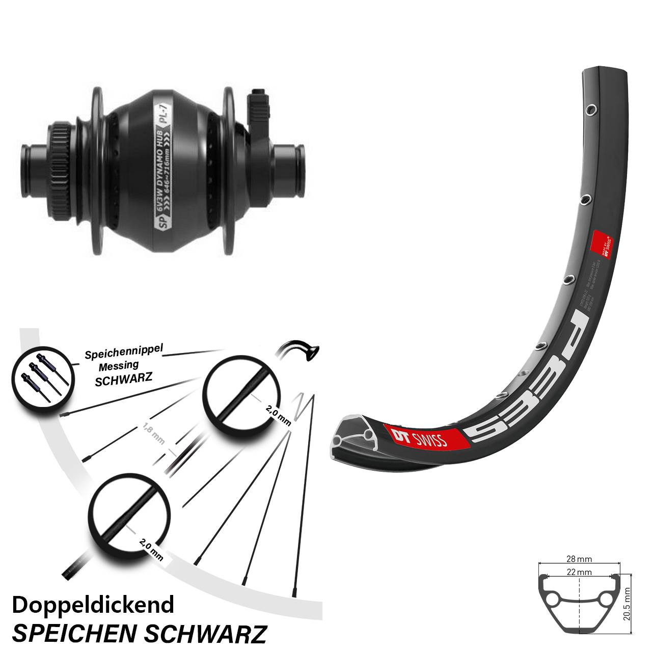 Vorderrad 27,5 Zoll DT Swiss 533 Shutter PL7 Nabendynamo
