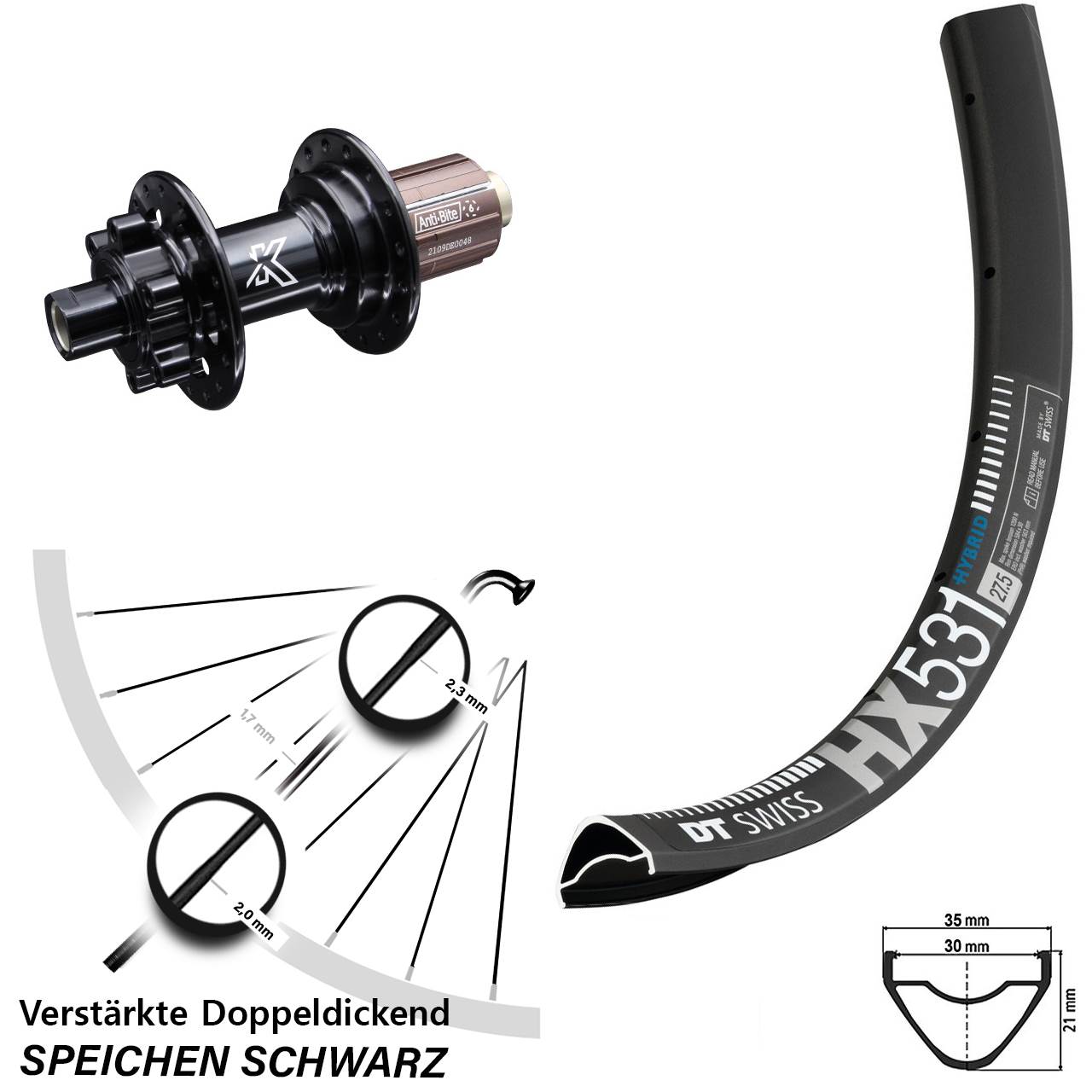 Disc Hinterrad 12x142 29 Zoll DT Swiss HX 531 KX-M Shimano Anti-Bite 8-12 fach HG