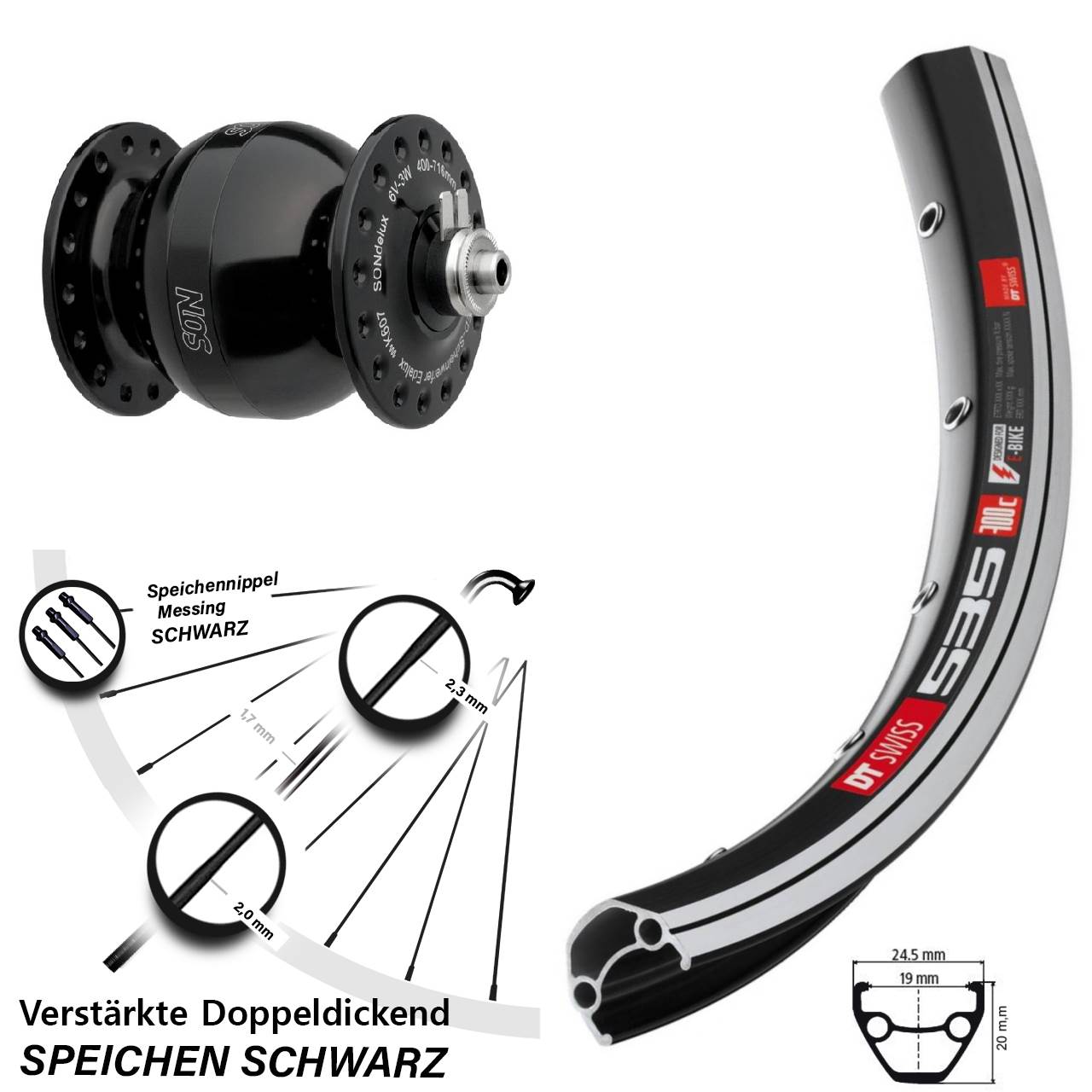 26 Zoll DT Swiss 535 SONdelux wide body Vorderrad mit Nabendynamo QR