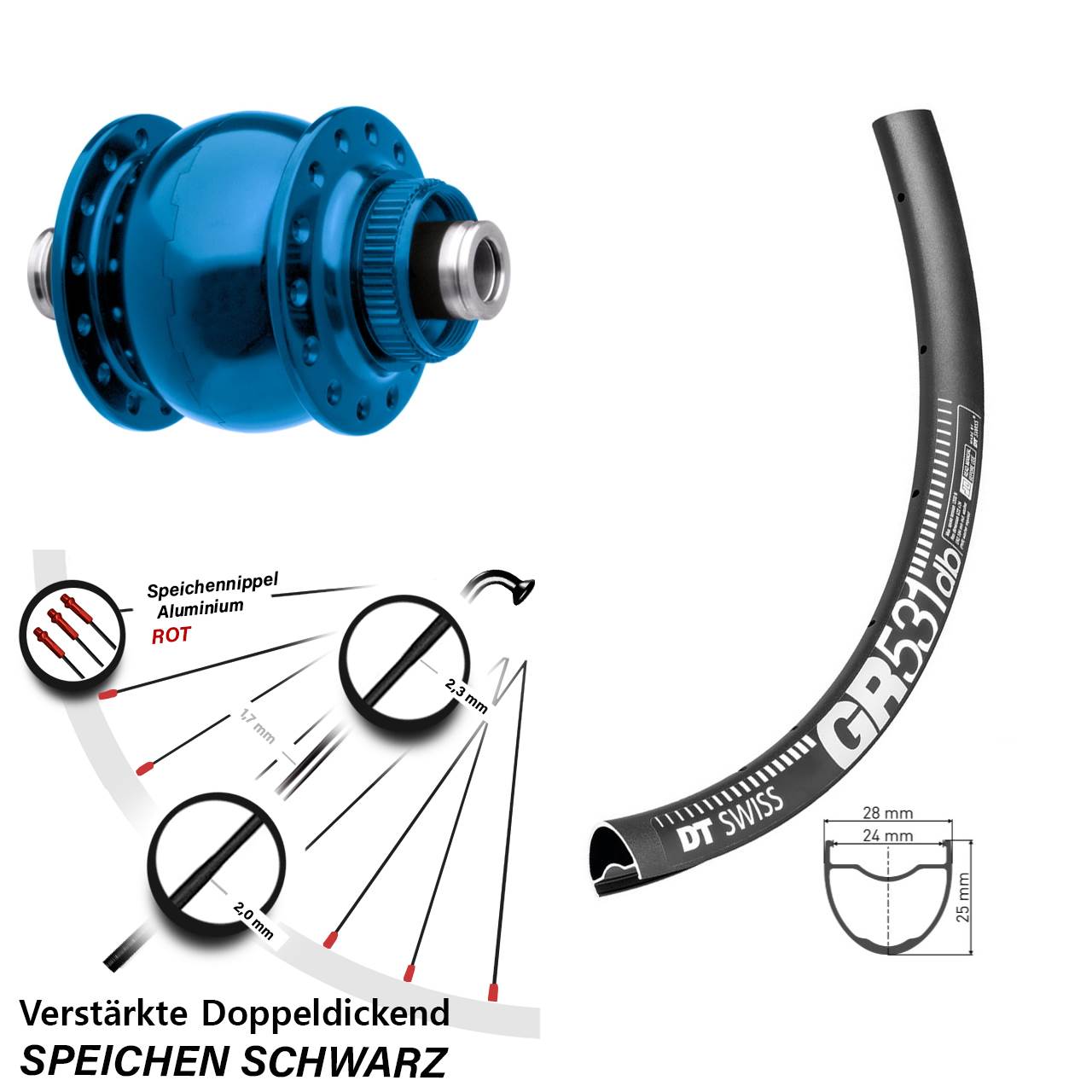 SON 28 blau DT Swiss GR531 650B Disc Vorderrad mit Nabendynamo 12x100