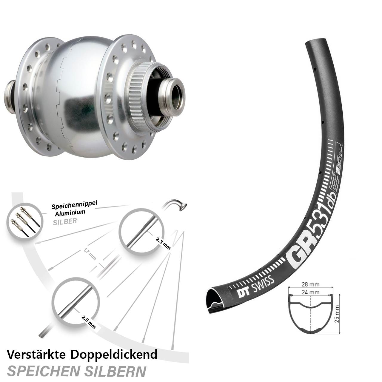SON 28 silbern DT Swiss GR 531 27,5 Zoll Nabendynamovorderrad Centerlock 12x100