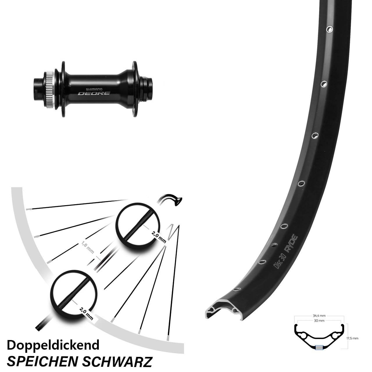 Centerlock Vorderrad 27,5 Zoll Ryde Disc 30 Shimano HB-M6010-B 15x110 Boost