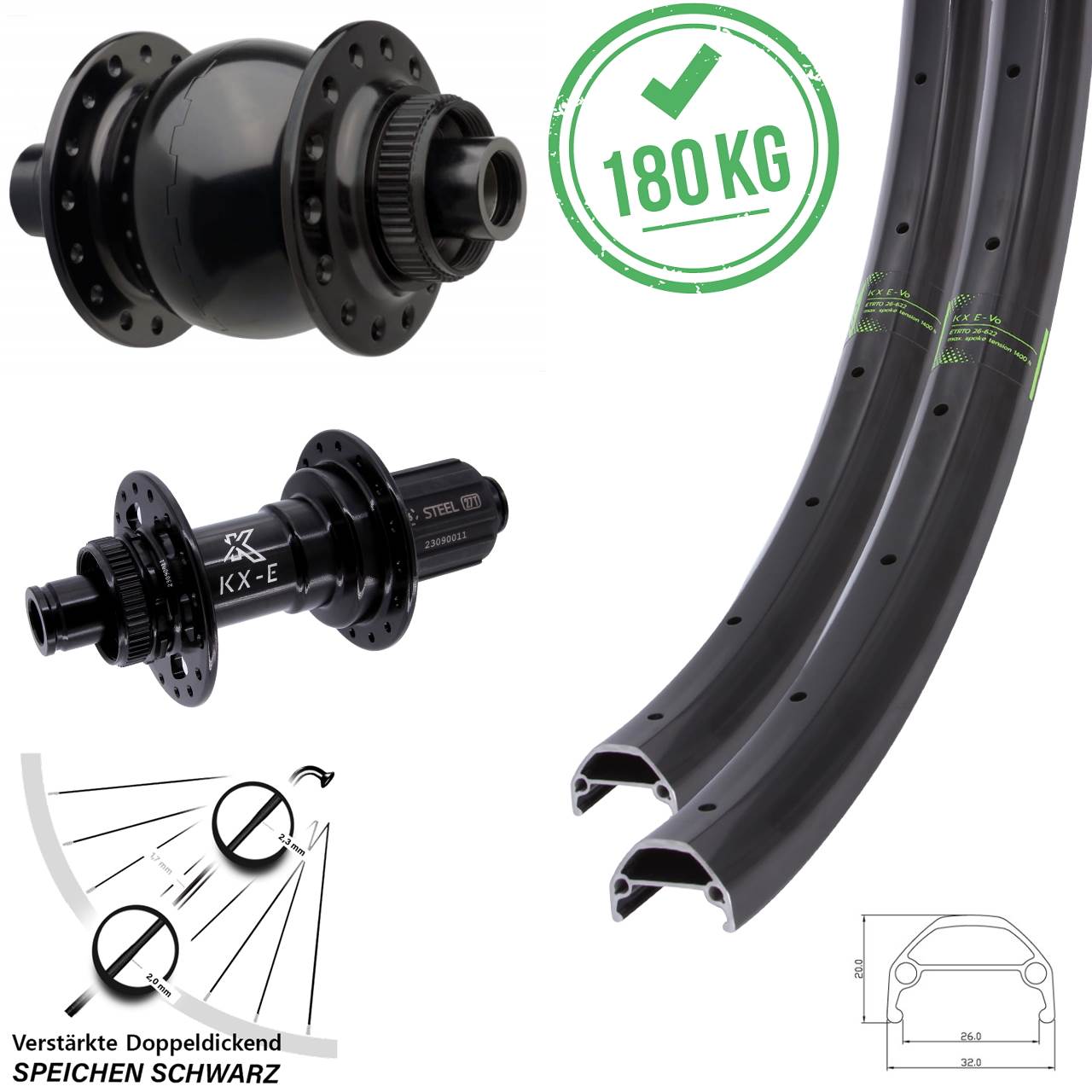 Disc Laufradsatz 20/26 Zoll KX-Evo Heavy Duty SON 28 8-12 fach HG 15x110 12x148