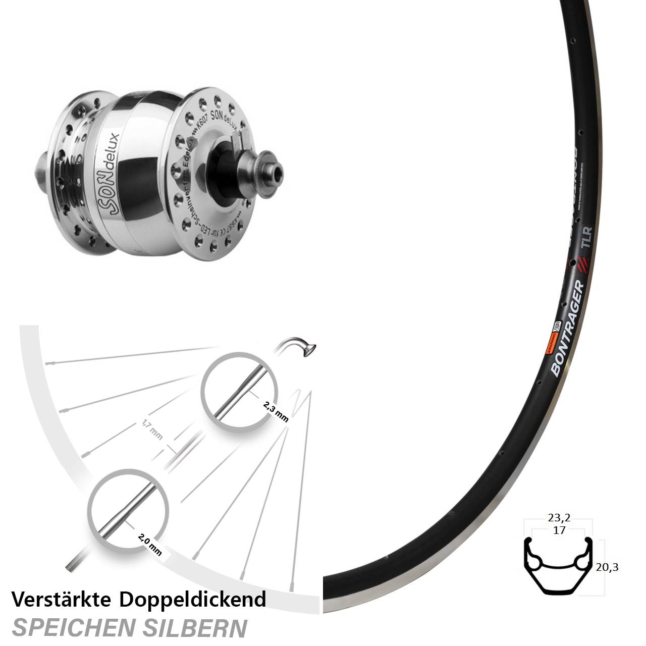 Nabendynamovorderrad für Schnellspanner 28 Zoll Bontrager TLR SONdelux poliert