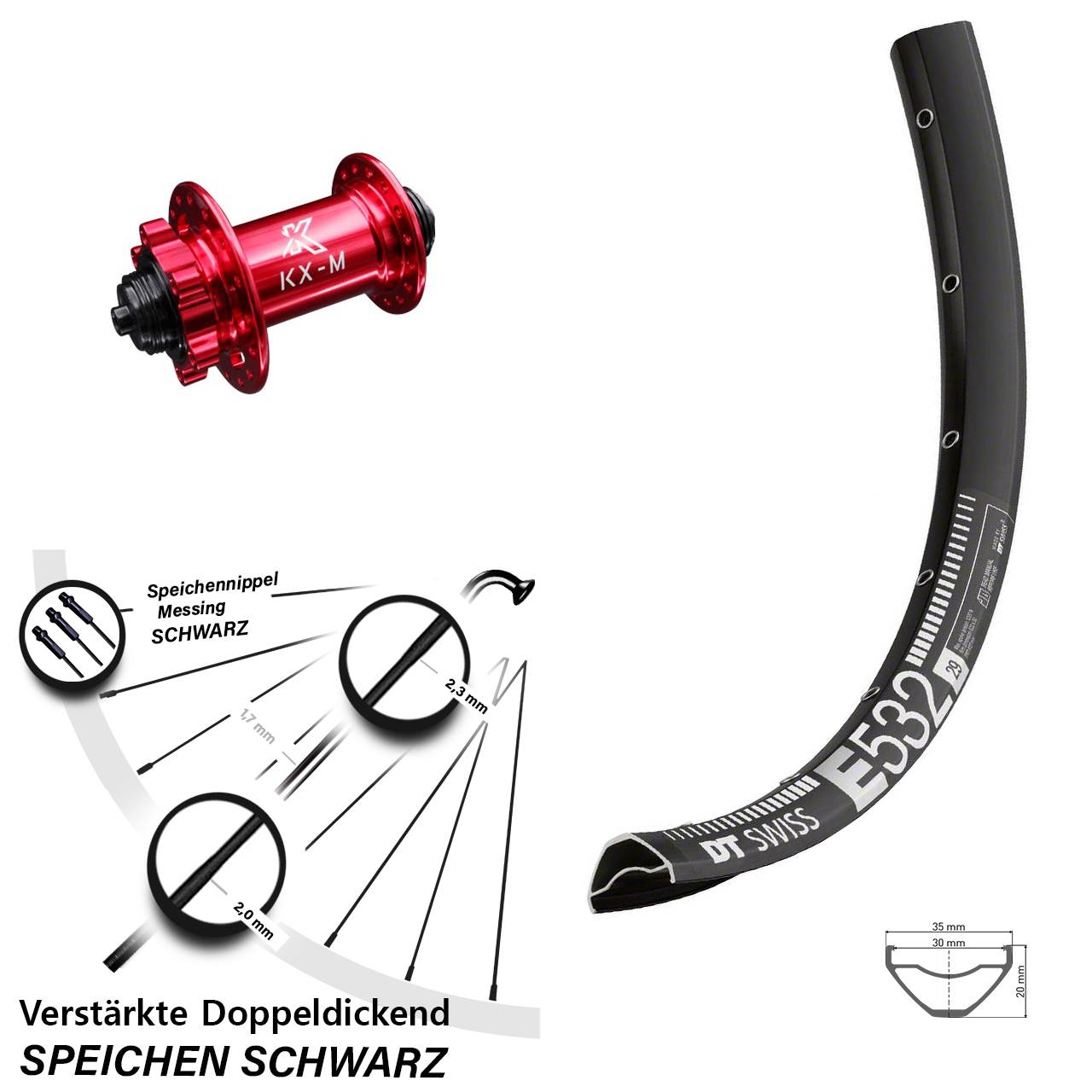29 Zoll DT Swiss E 532 KX-M rot Vorderrad 6-Loch QR