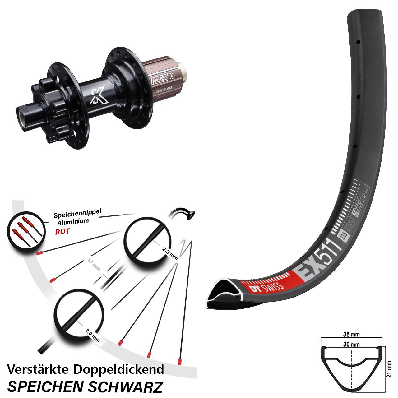 Disc Hinterrad 29 Zoll DT Swiss EX511 KX-M Shimano Anti-Bite 8-12 fach 12x142