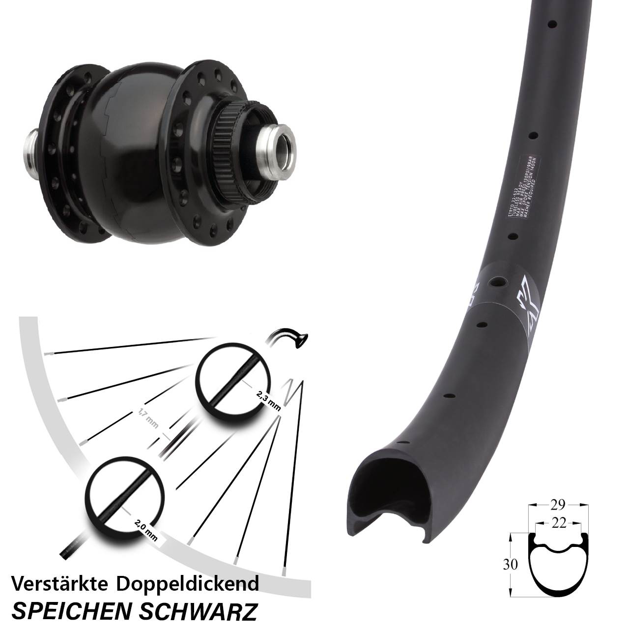 Vorderrad KX-RC Gravel Dynamo Carbon SON 28-12 Disc Centerlock schwarz