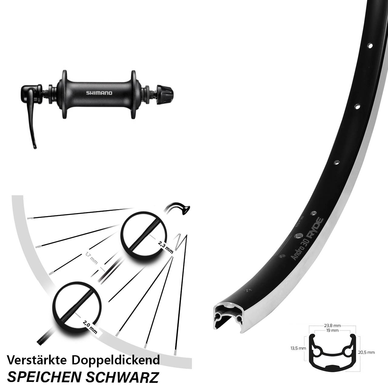 Vorderrad 28 Zoll Ryde Andra 30 Shimano HB-T3000 für Schnellspanner