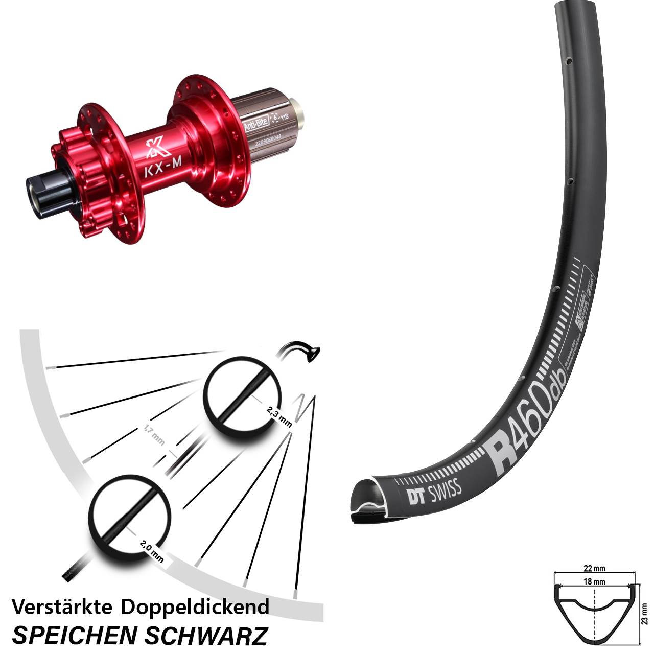 28 Zoll DT Swiss R 460 KX-M rot Hinterrad 6-Loch 12x142 8-12 fach HG