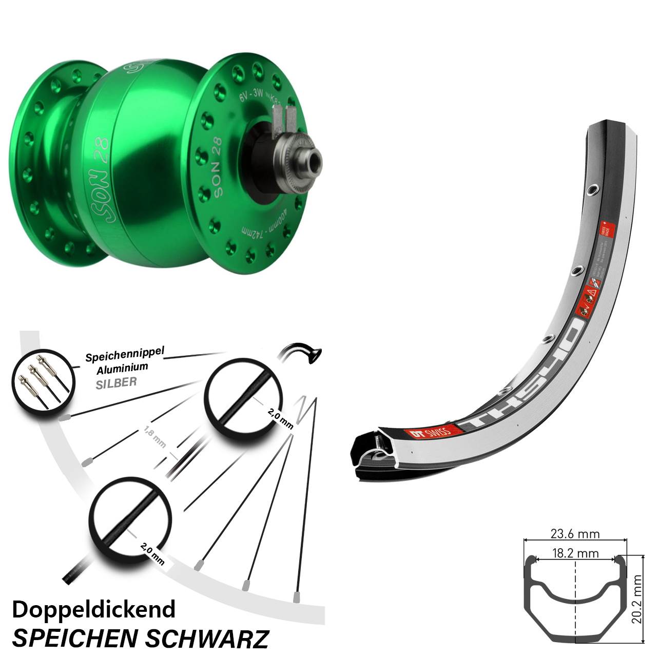 Vorderrad Fahrrad Son 28 Zoll DT Swiss TK 540 grüner Nabendynamo