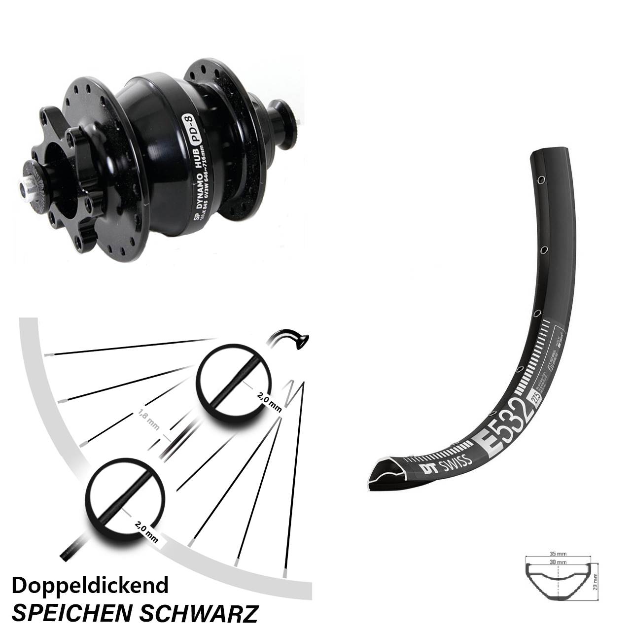 Disc Dynamo-Vorderrad QR 27,5 Zoll DT Swiss E532 Shutter PD-8