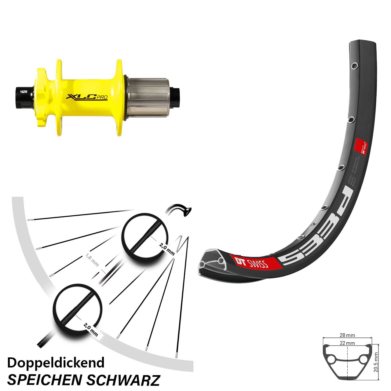 DT Swiss 533d XLC Pro gelb 28 Zoll 6-Loch Hinterrad 12x142 8-11 fach HG