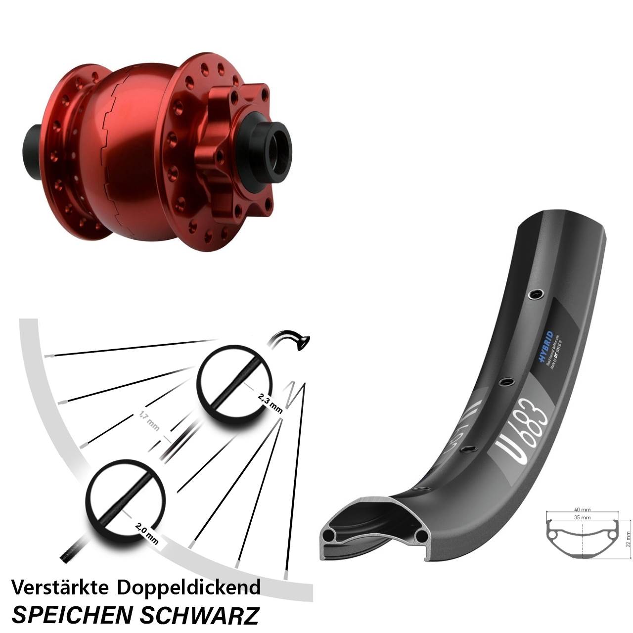 Disc Vorderrad mit Nabendynamo 27,5 Zoll DT Swiss U683 SON 28 rot 15x100