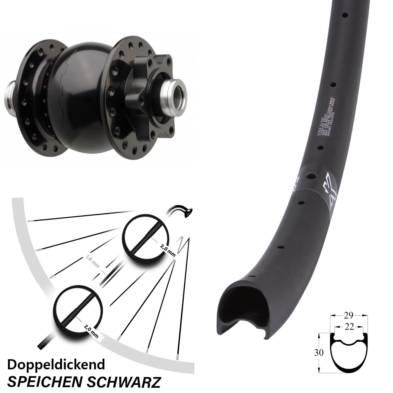 6-Loch Dynamo-Vorderrad 28-29 Zoll KX-RC Gravel Carbon SON 28 12x110 Boost