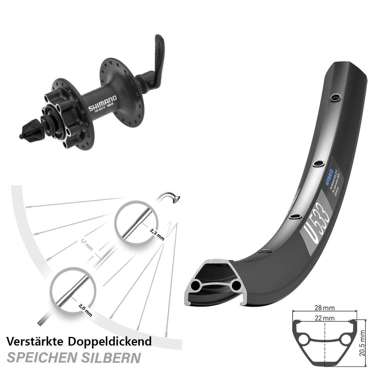 29 Zoll DT Swiss U533 Shimano HB-M475 Disc Laufrad für Schnellspanner