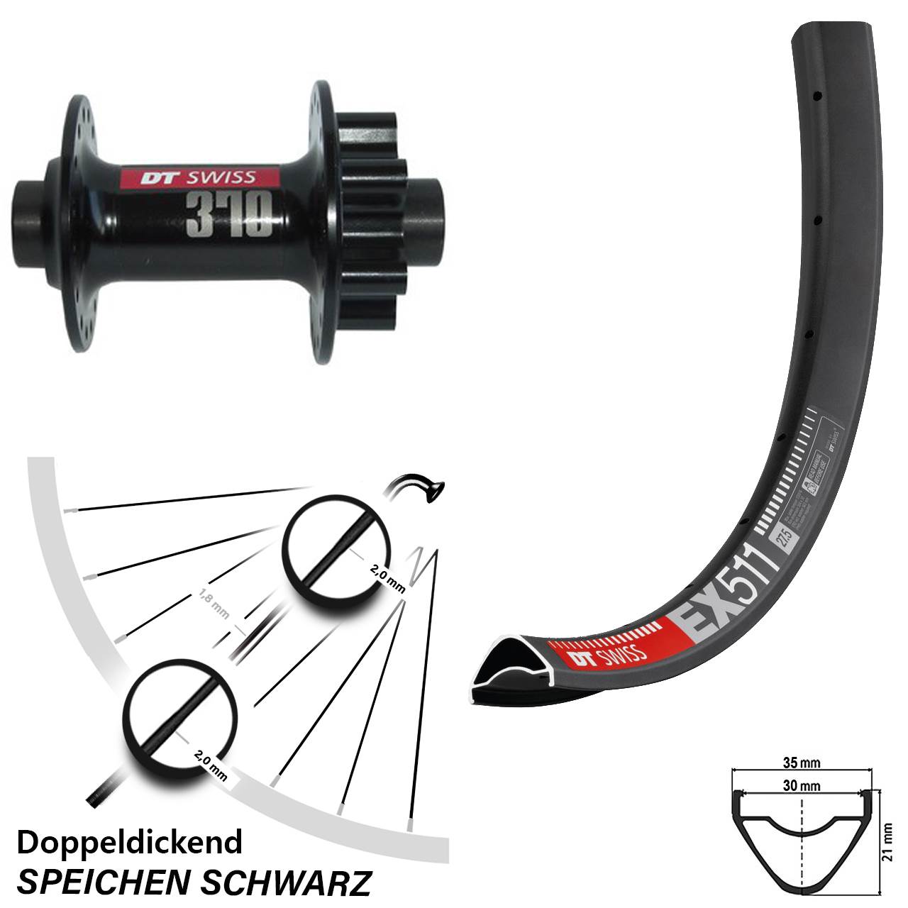 DT Swiss EX 511 Vorderrad 29 Zoll 370 Disc 6-Loch 15x100 mm Nabe