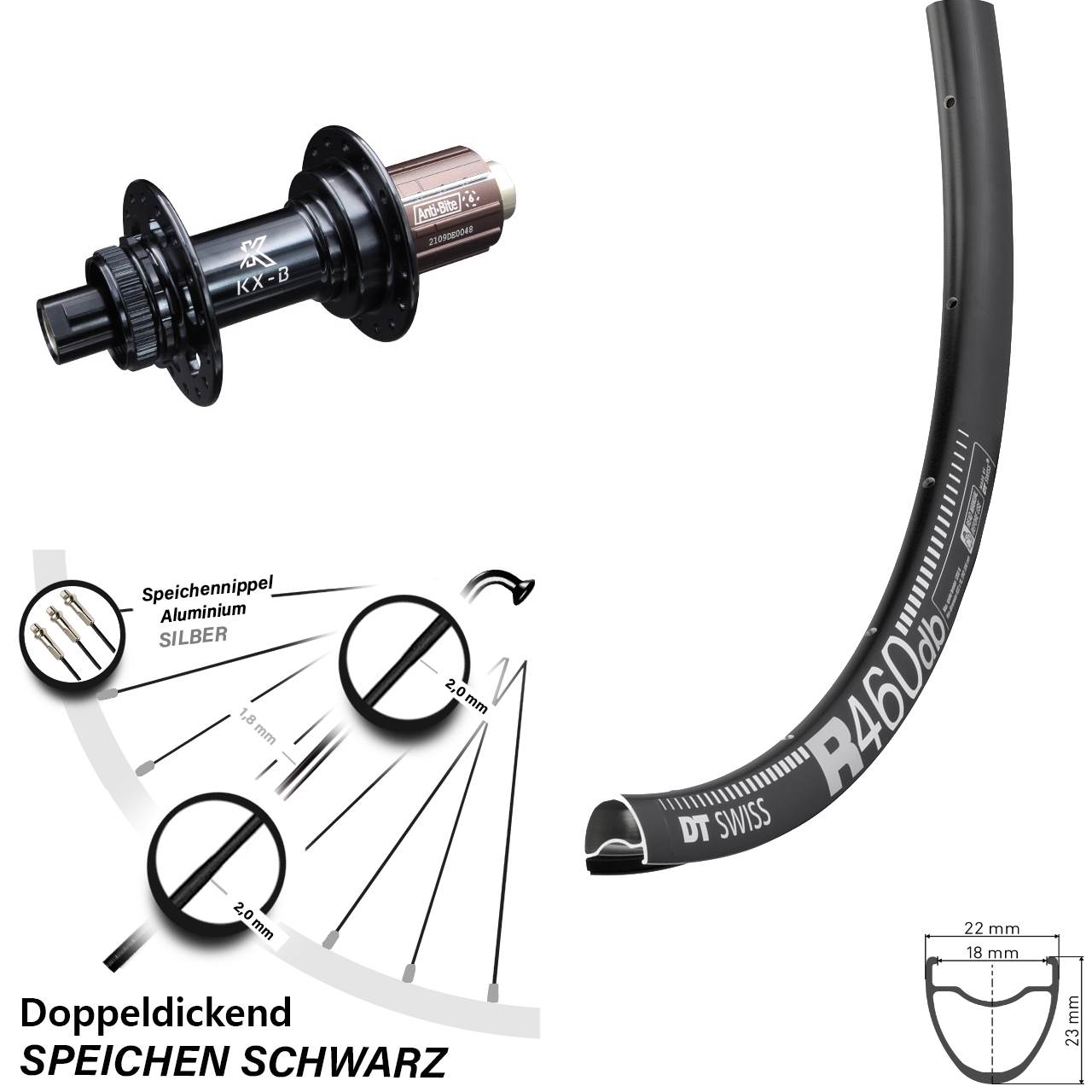DT Swiss R 460 Hinterrad 28 Zoll KX-B Boost 12x148 mm Centerlock Shimano Road 11-12 fach