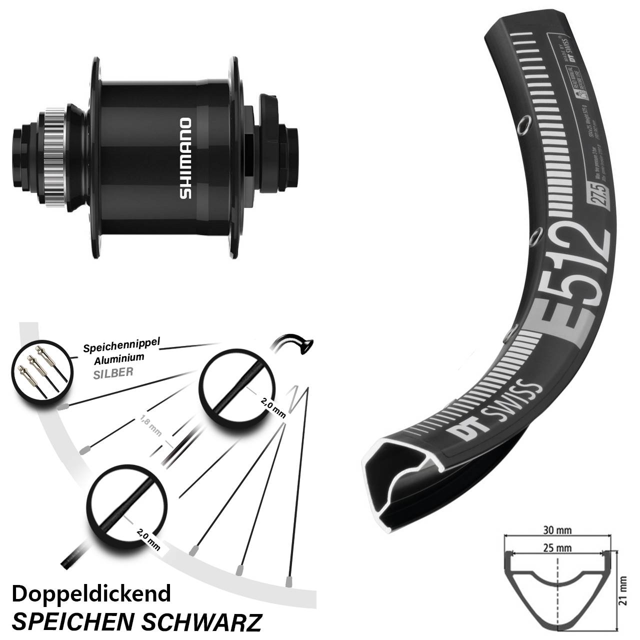 Nabendynamovorderrad Centerlock 15x100 27,5 Zoll DT Swiss E512 Shimano DH-UR708