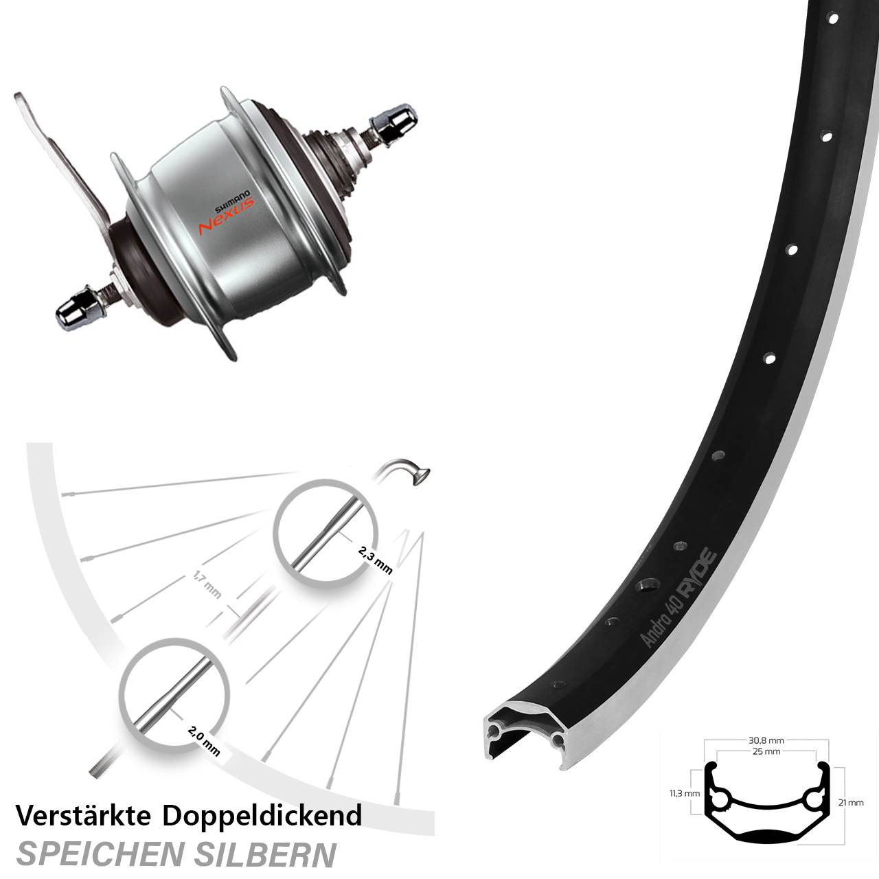 20 Zoll Ryde Andra 40 Shimano Nexus 8 Gang Hinterrad mit Rücktrittbremse