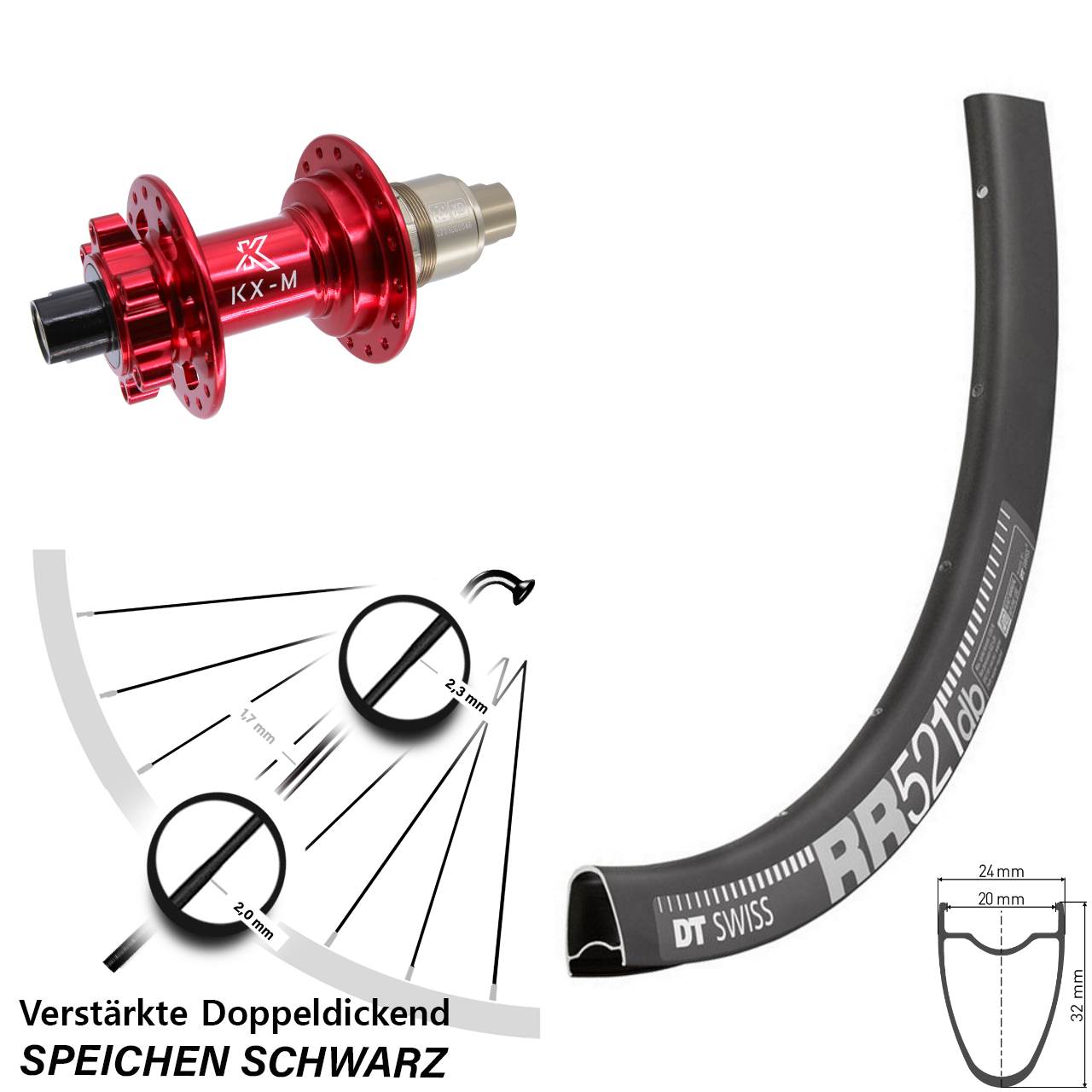 28 Zoll DT Swiss RR521 KX-M rot Disc Laufrad 12x142 XD 11-12 fach