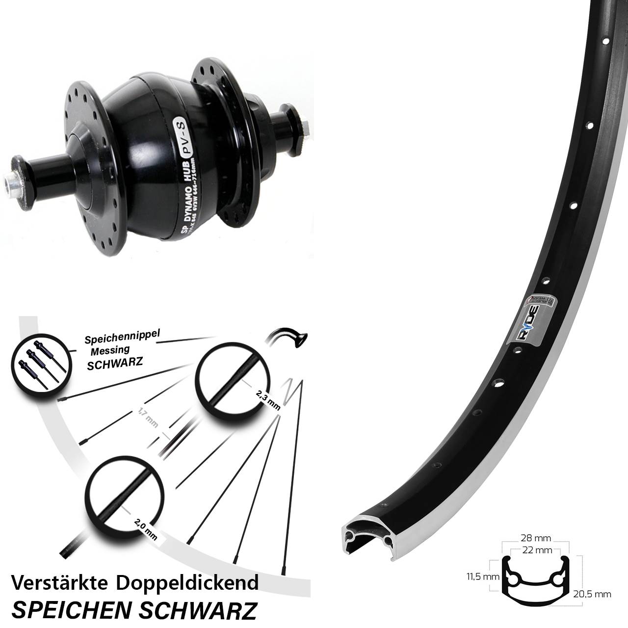 Nabendynamo-Vorderrad 650B Ryde Andra 35 Shutter Precision PV-8 QR