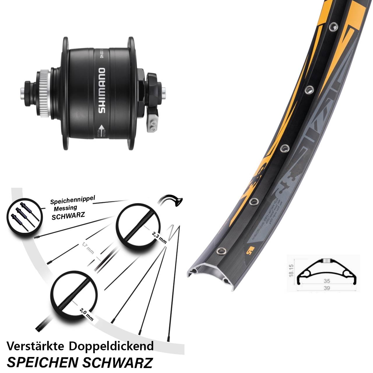27,5 Zoll Rodi TRYP 35 Shimano DH-3D37 Disc Nabendynamolaufrad QR