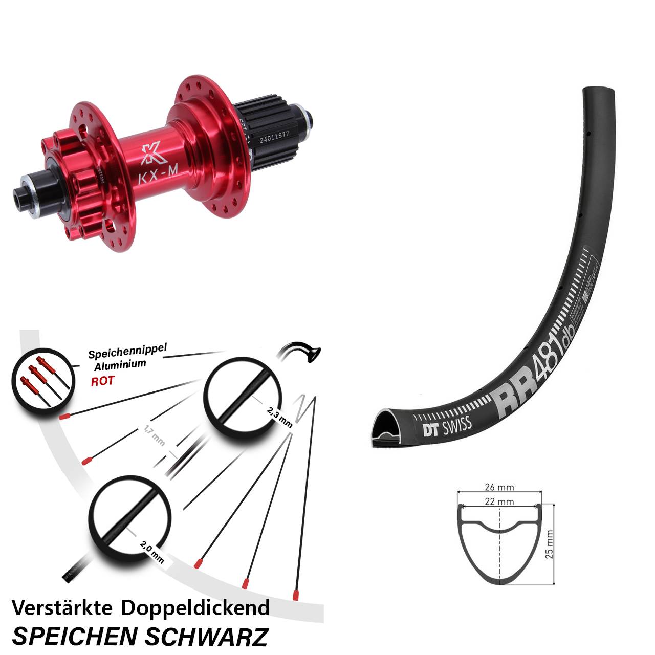 Disc Laufrad 28 Zoll DT Swiss RR481 KX-M rot Shimano Micro Spline für Schnellspanner