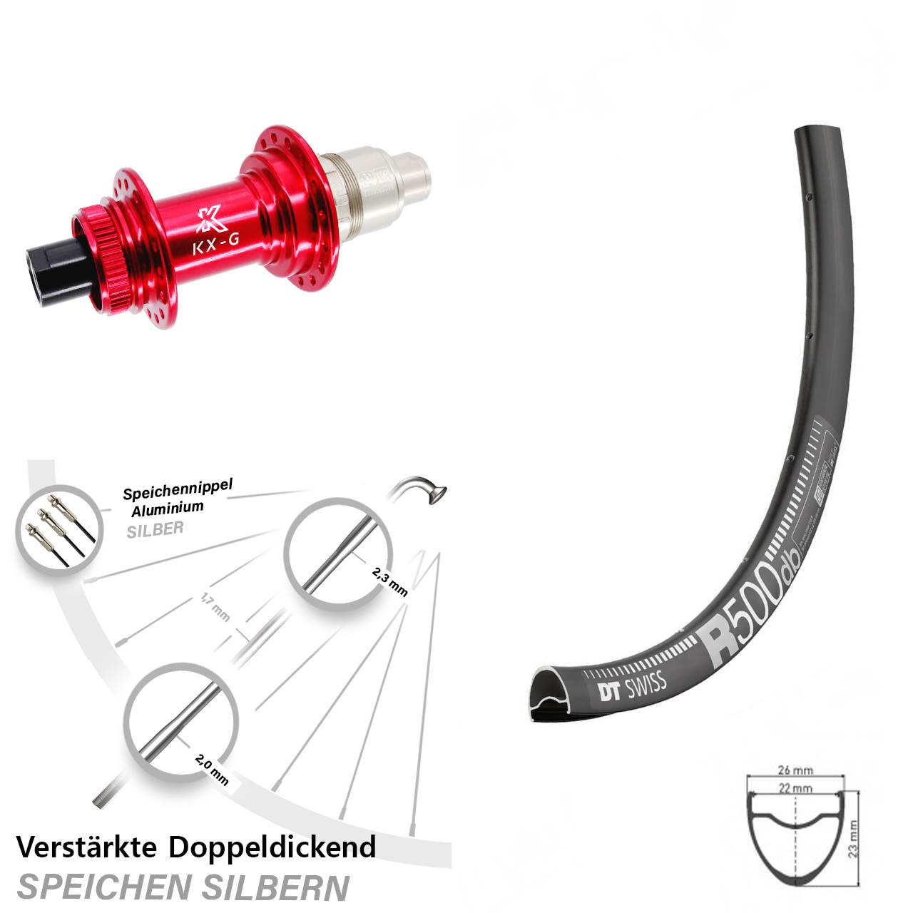 Hinterrad Centerlock 28 Zoll DT Swiss R 500 KX-G rot XDR 12x142