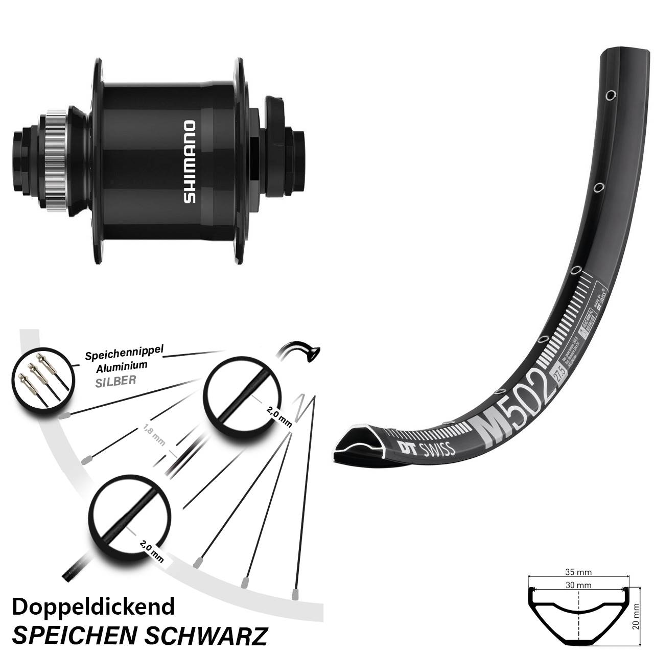 DT Swiss M 502 Shimano DH-UR708-3D 27,5 Zoll Disc Vorderrad mit Nabendynamo 15x100