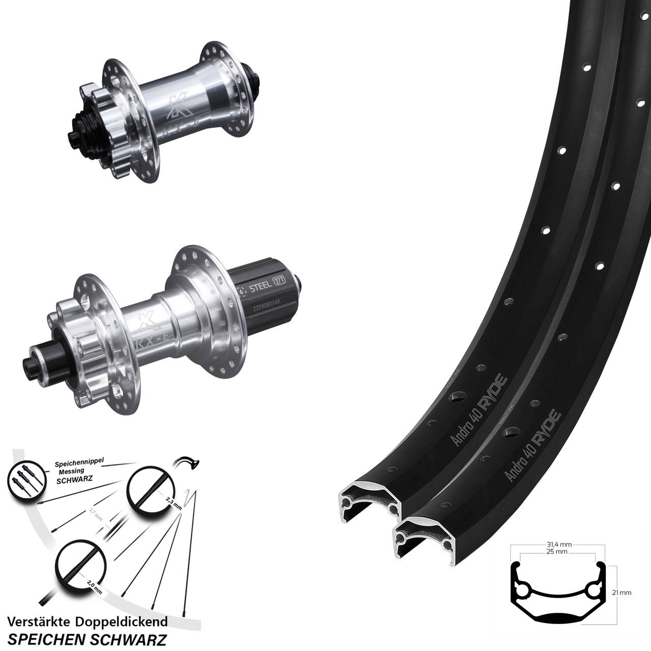 Ryde Andra 40 Disc KX-E 27,5 Zoll Laufrad-Satz für Schnellspanner 8-12 fach HG