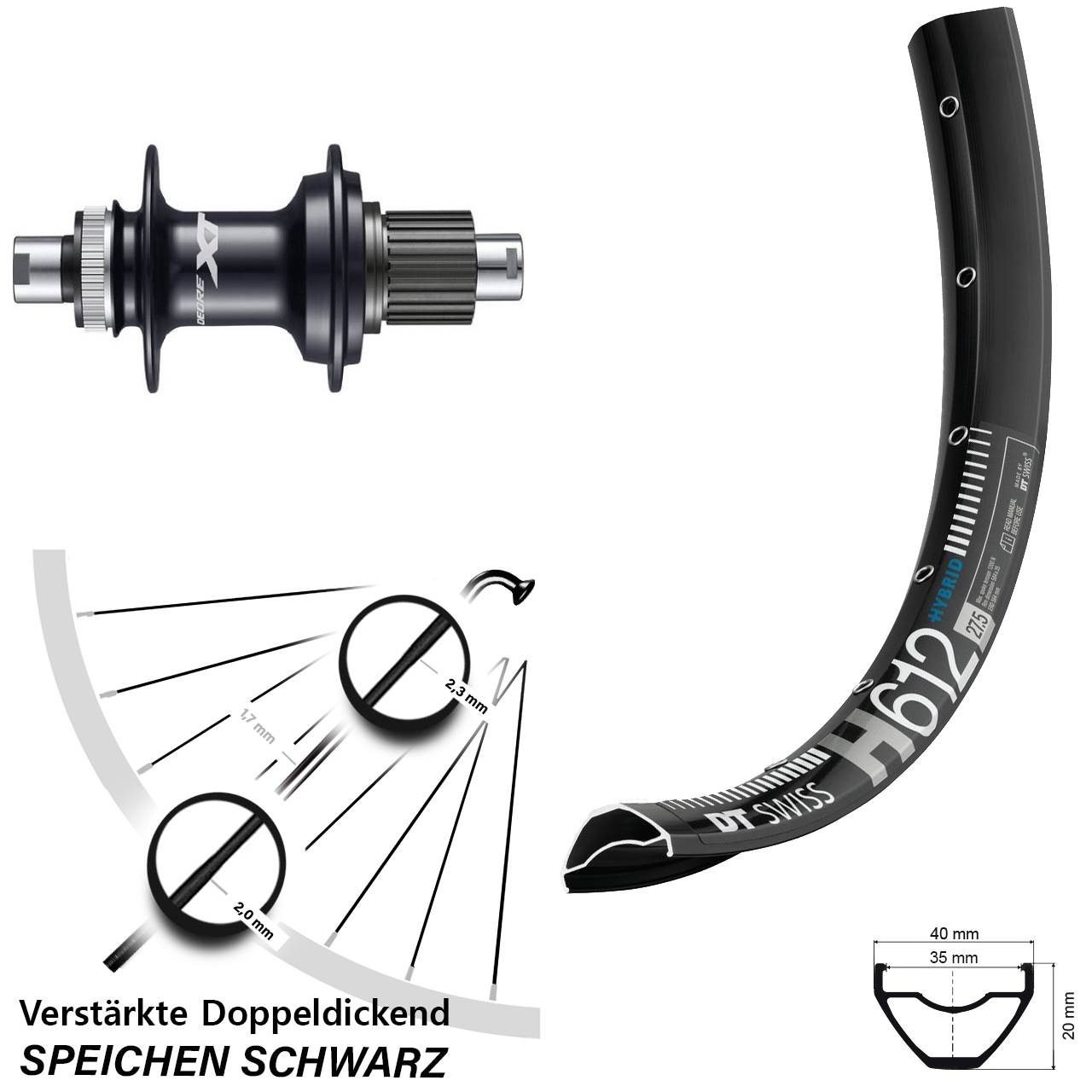 Disc Hinterrad 12x142 27,5 Zoll DT Swiss H 612 Shimano XT Shimano Micro Spline