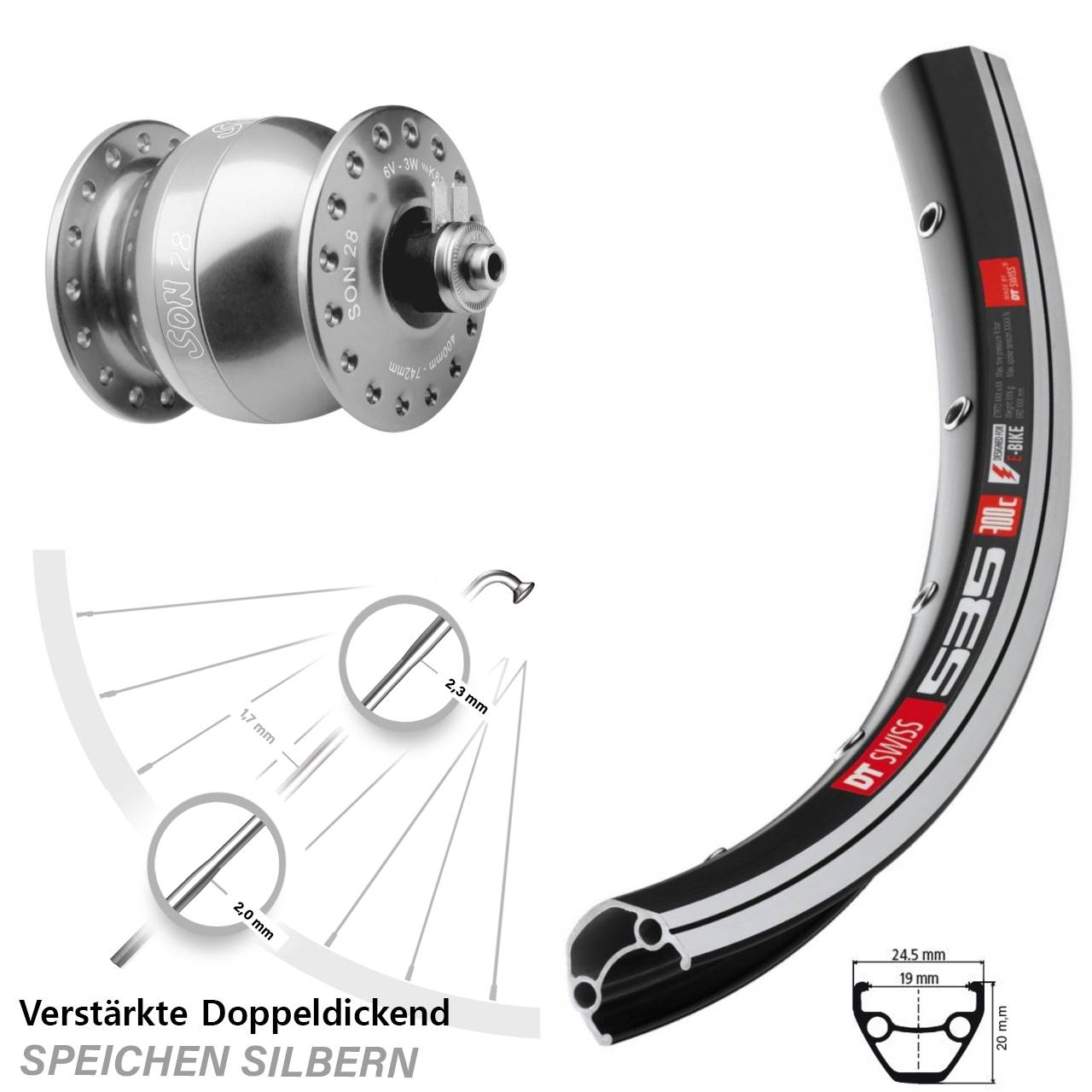 silbern DT Swiss 535 SON 28 Zoll Laufrad mit Nabendynamo QR