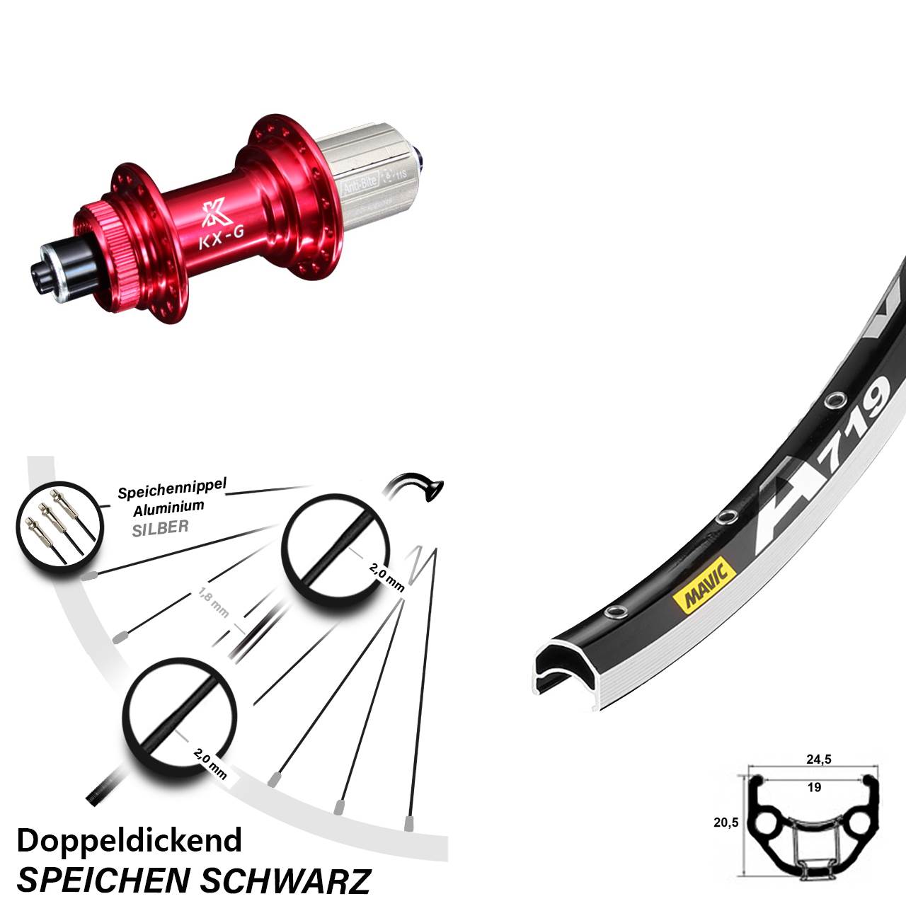 28 Zoll Hinterrad KX-G rot Schnellspanner 8-12 fach und Felgenbremse Mavic A 719