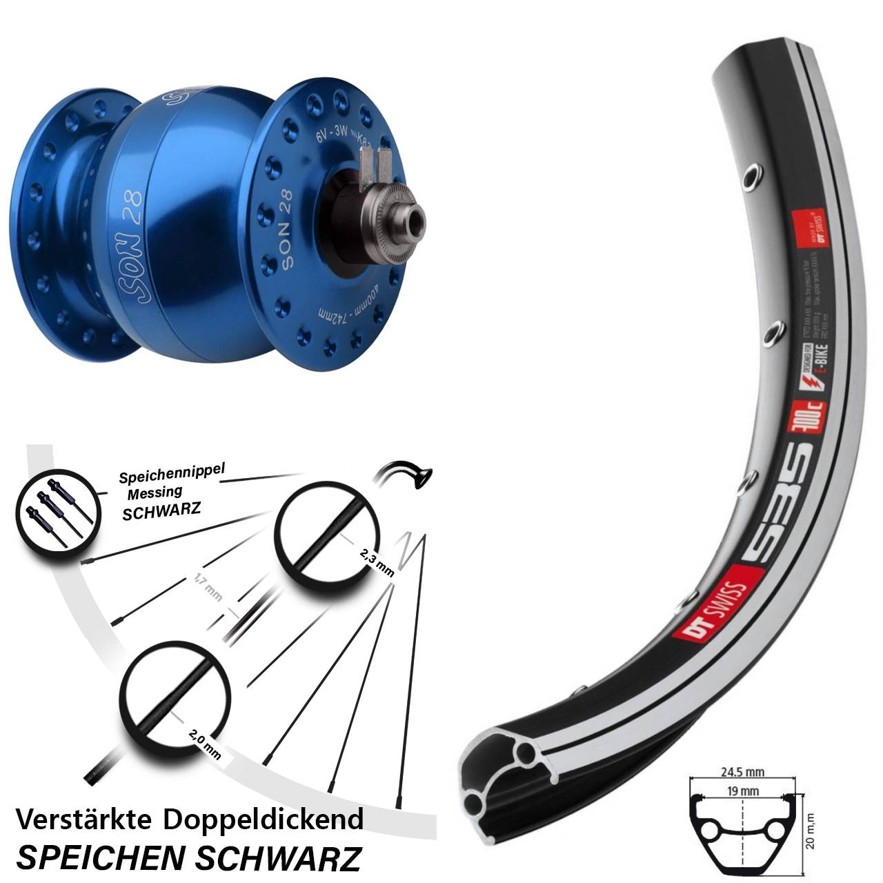 Nabendynamovorderrad für Schnellspanner 26 Zoll DT Swiss 535 SON 28 blau