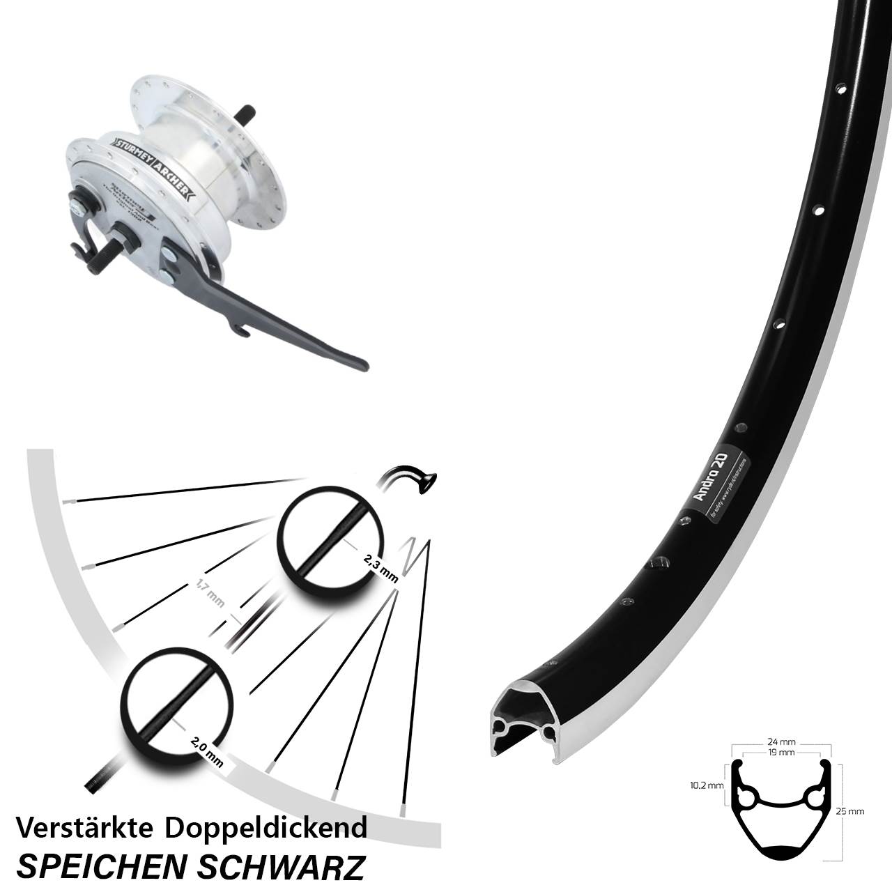 Nabendynamolaufrad 28 Zoll Ryde Andra 20 Sturmey Archer XL-FDD 3,0 Trommelbremse