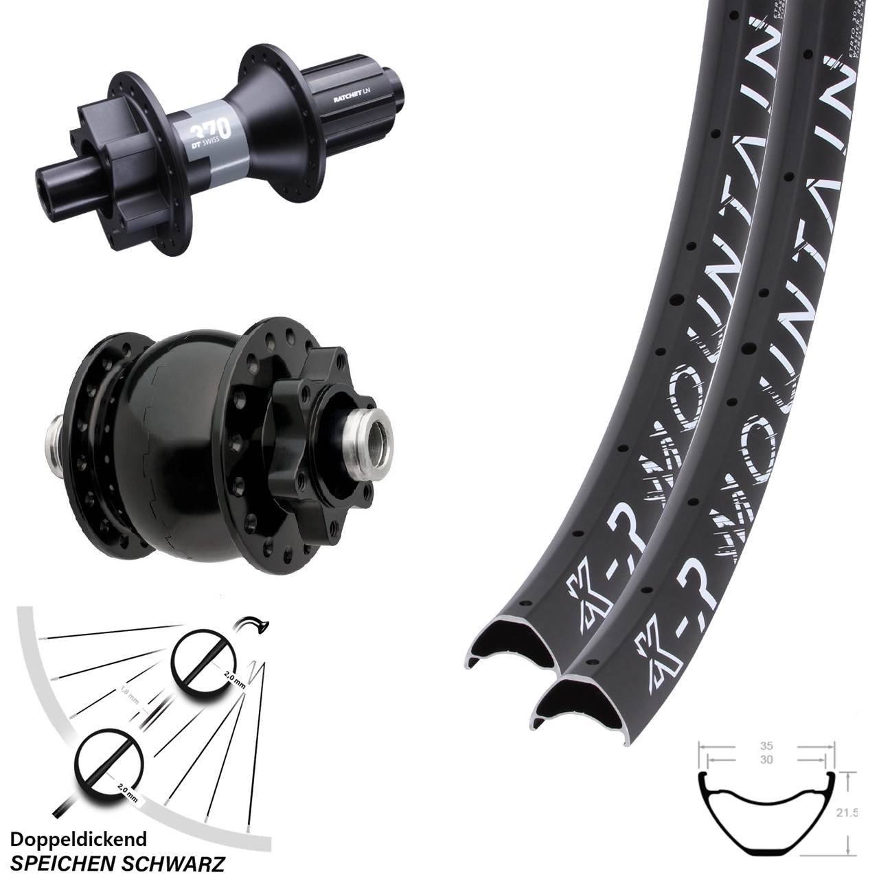 Laufradsatz 29 Zoll KX-R Mountain 6-Loch 12x100/142 DT Swiss 370 SON 28 Nabendynamo HG