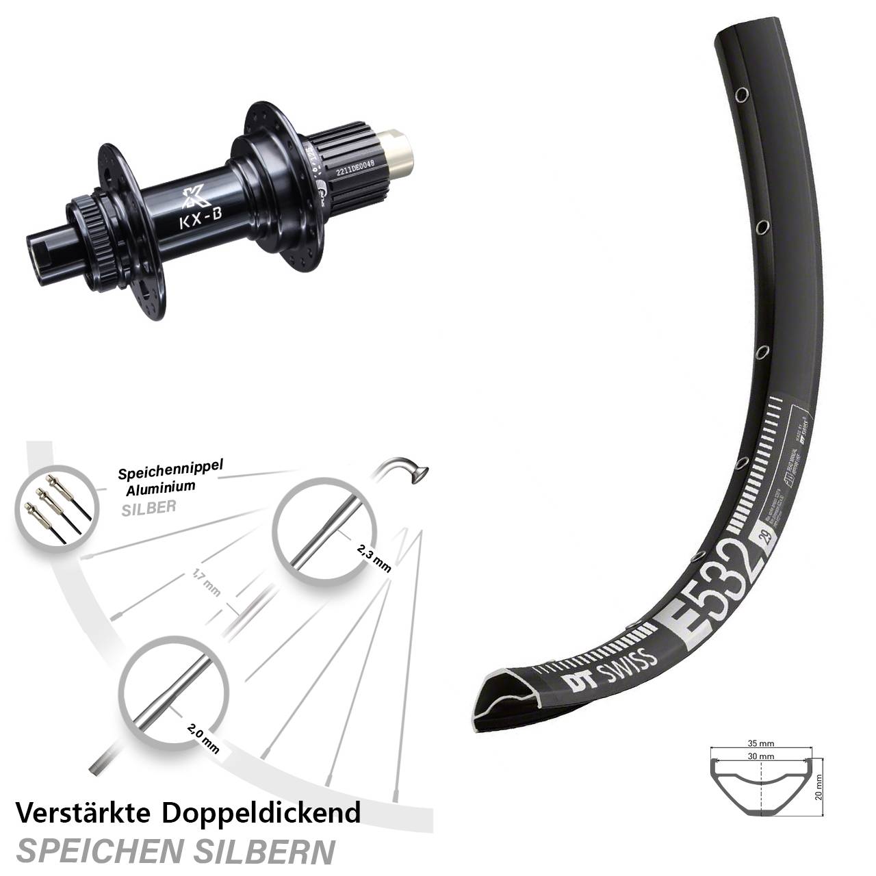 DT Swiss E 532 Hinterrad 29 Zoll KX-B Boost 12x148 mm Centerlock Micro Spline