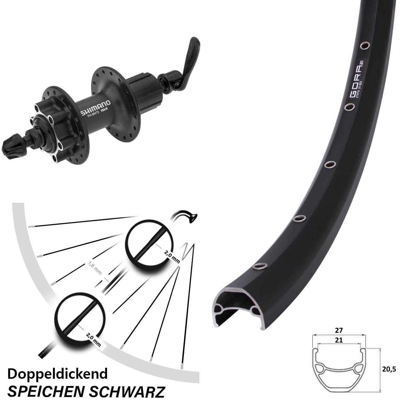 Disc Laufrad 29 Zoll Gora 21 Shimano FH-M475 8-11 fach HG für Schnellspanner