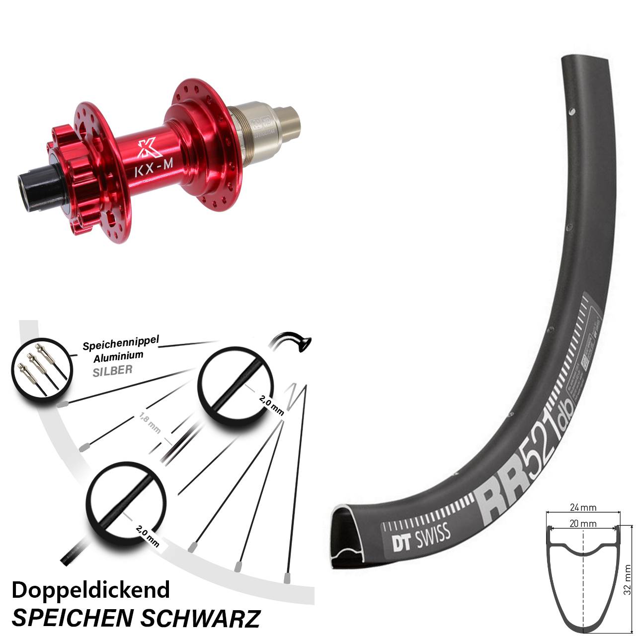 6-Loch Hinterrad 12x142 28 Zoll DT Swiss RR521 KX-M rot SRAM XD