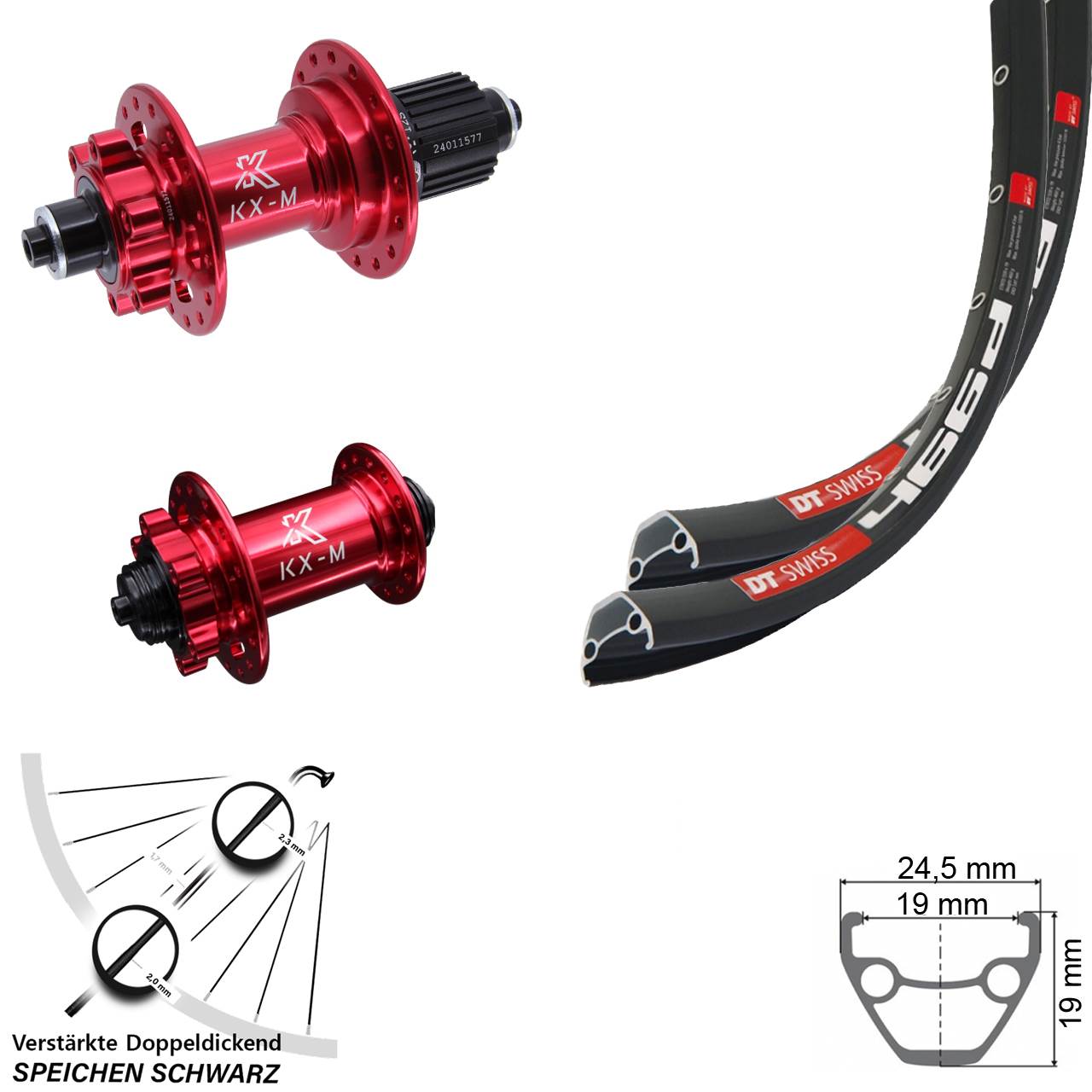 Disc Laufrad-Satz für Schnellspanner 28 Zoll DT Swiss 466 KX-M rot Shimano Micro Spline